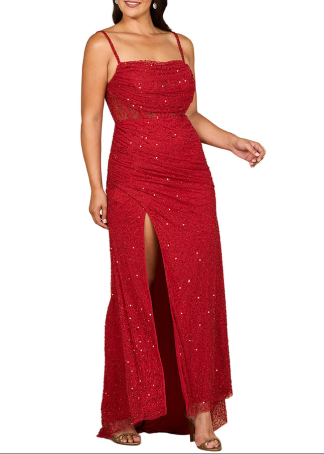 Lara Elegant Corset Gown with Slit Red