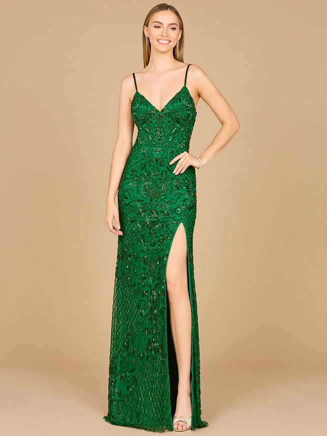 Lara New York 9961 Body Con V-Neck Beaded Gown Emerald