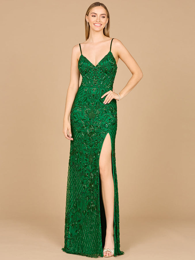 Lara New York 9961 Body Con V-Neck Beaded Gown Emerald