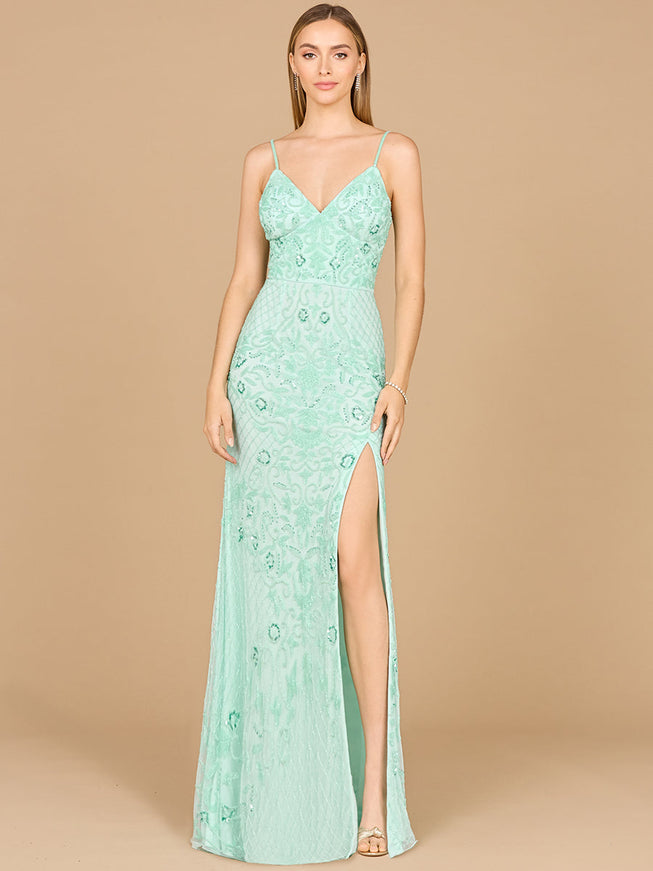 Lara New York 9961 Body Con V-Neck Beaded Gown Mint