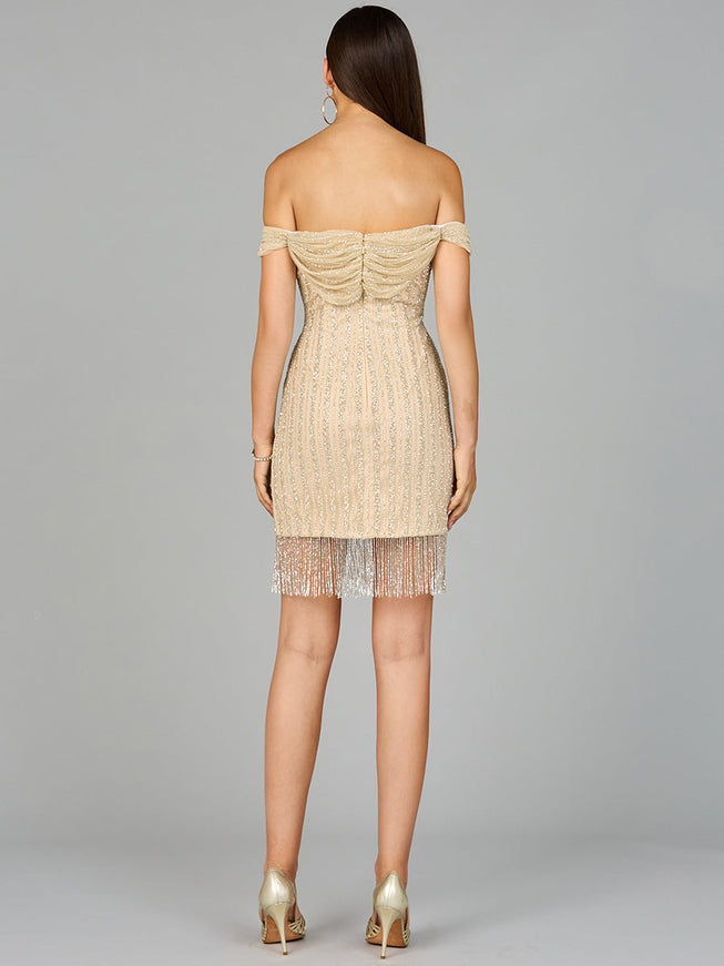Off Shoulder Fringe Wrap Dress
