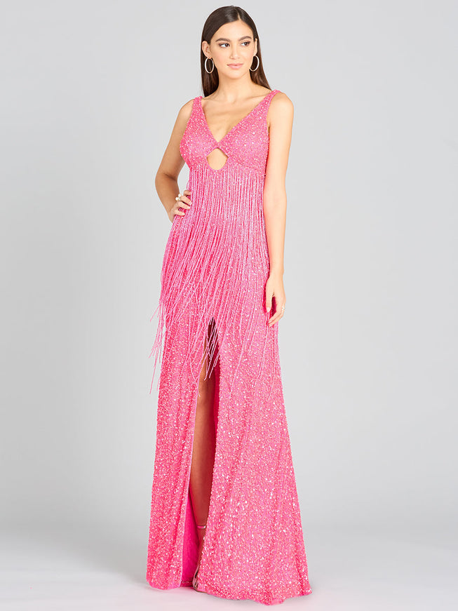 Lara New York 9974 Regan Fringe Sequin Dress Hot Pink