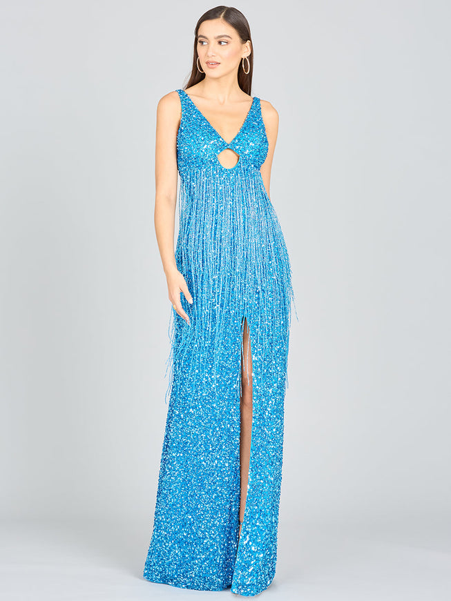 Lara New York 9974 Regan Fringe Sequin Dress Ocean