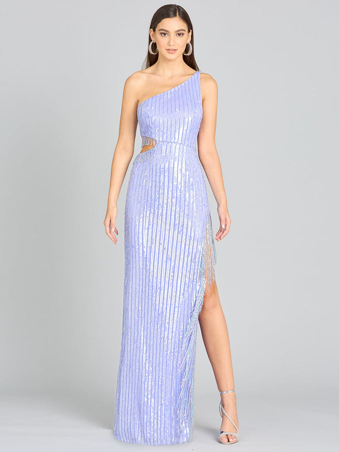Lara New York 9978 Wendy Beaded Fringe Gown Blue Iris