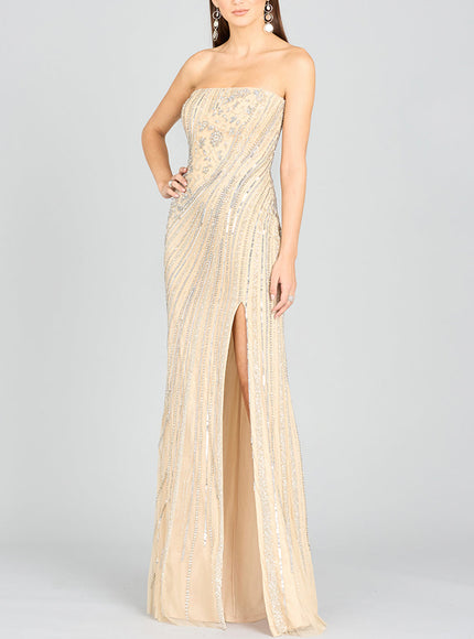 Lara Freddy Strapless Beaded Gown Nude Silver