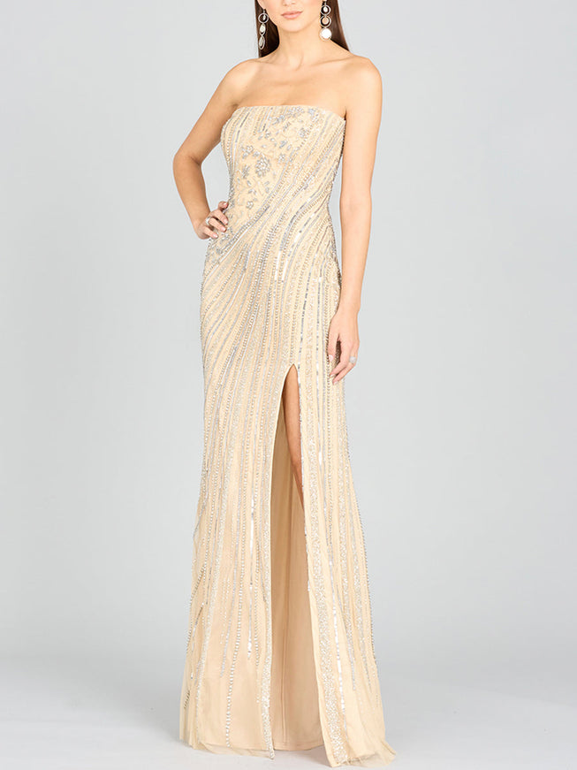 Lara Freddy Strapless Beaded Gown Nude Silver