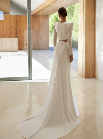 Rosa Clará Acacia Crepe Sheath Wedding Dress with Cut-Out Detail