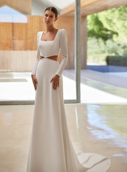 Rosa Clará Acacia Crepe Sheath Wedding Dress with Cut-Out Detail