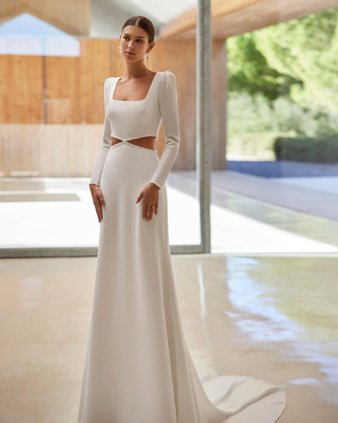 Rosa Clará Acacia Crepe Sheath Wedding Dress with Cut-Out Detail