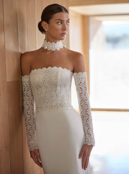 Rosa Clará Agatha Sheath Wedding Dress with Detachable Lace Sleeves