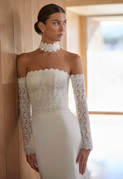 Rosa Clará Agatha Sheath Wedding Dress with Detachable Lace Sleeves
