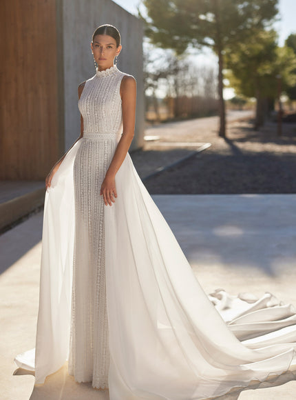 Rosa Clará Alfia Two-Piece Sheath Wedding Dress with Detachable Overskirt