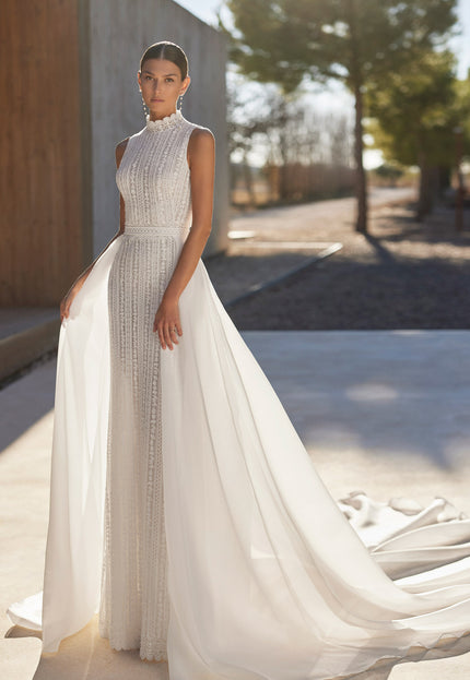 Rosa Clará Alfia Two-Piece Sheath Wedding Dress with Detachable Overskirt
