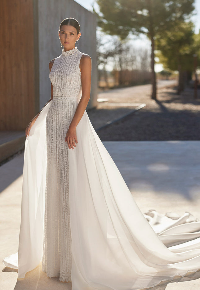 Rosa Clará Alfia Two-Piece Sheath Wedding Dress with Detachable Overskirt