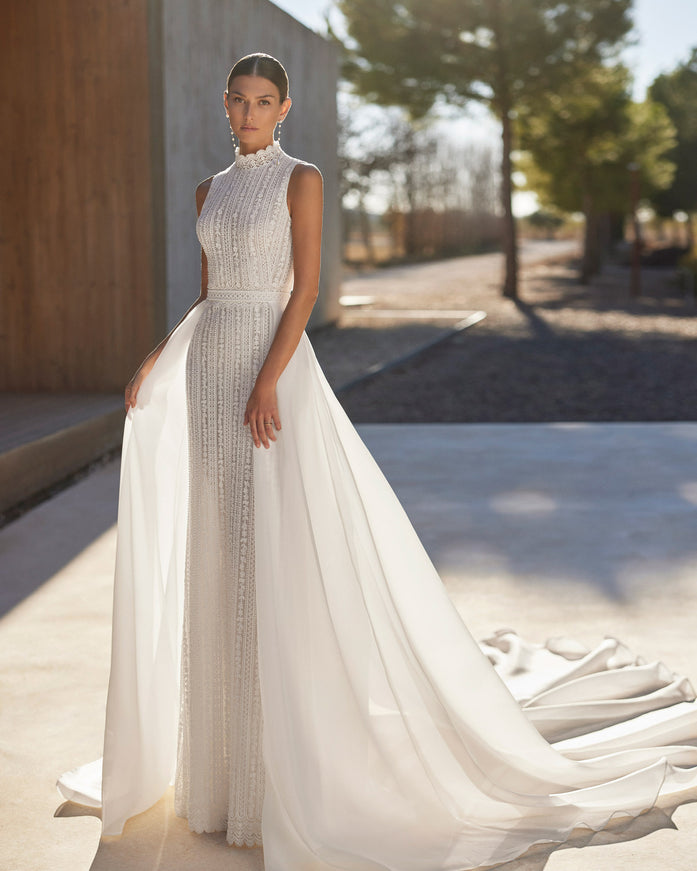 Rosa Clará Alfia Two-Piece Sheath Wedding Dress with Detachable Overskirt