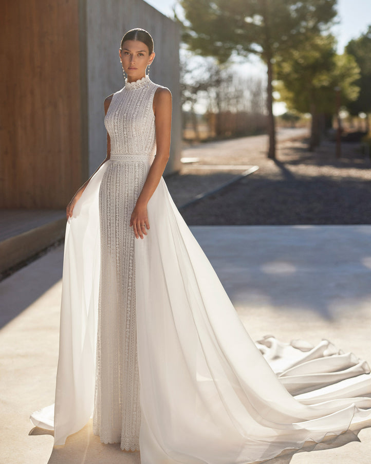 Rosa Clará Alfia Two-Piece Sheath Wedding Dress with Detachable Overskirt