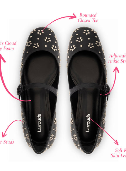 Larroude Blair Ballet Flat In Black Leather and Metallic Studs