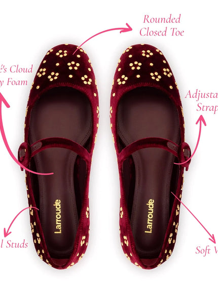 Larroude Blair Ballet Flat In Wine Velvet and Gold Studs