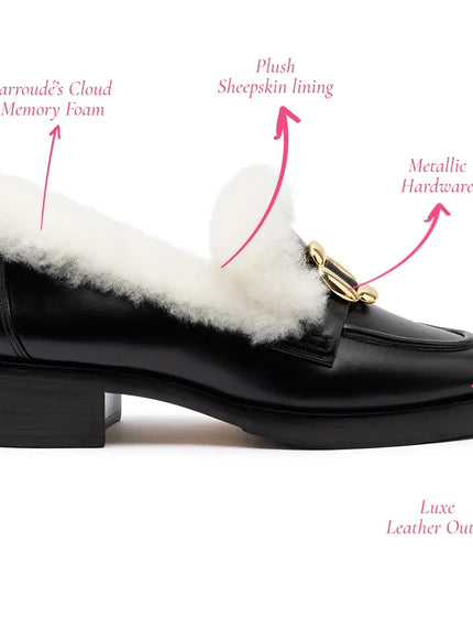 Larroude Bobbie Loafer In Black Leather and Natural Shearling