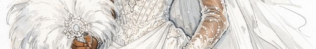 Illustration of a woman in a white wedding dress with a headscarf and bouquet on a white background