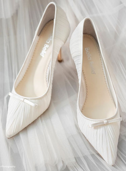 Bella Belle Amelie Ivory Pleated Silk Crepe Pointed Toe Bow Heels