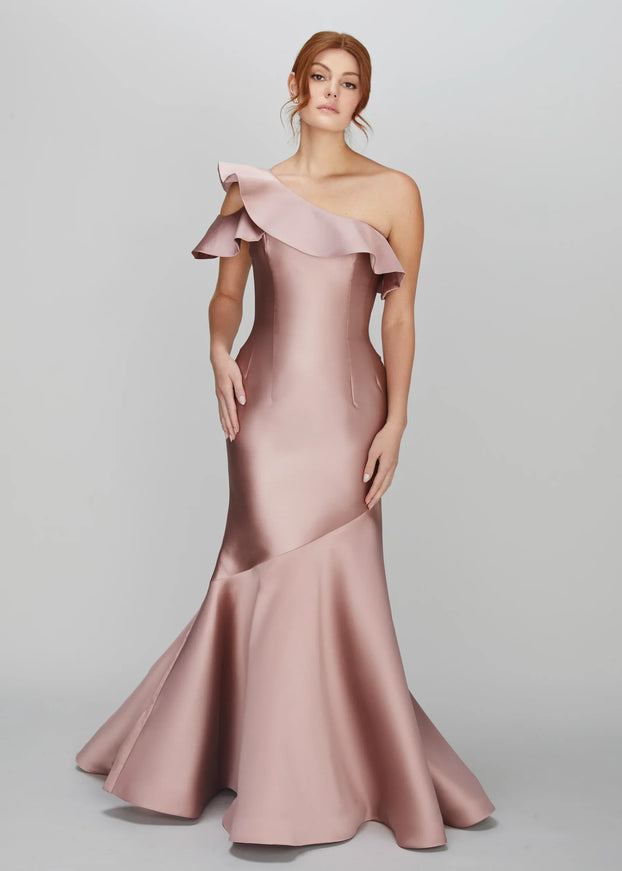 Anne Barge Athena One Shoulder Ruffle Gown