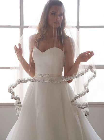 Bellissima Two-Tier Fingertip Length Heavy Crystal Trimmed Veil