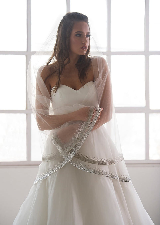 Bellissima Two-Tier Fingertip Length Heavy Crystal Trimmed Veil