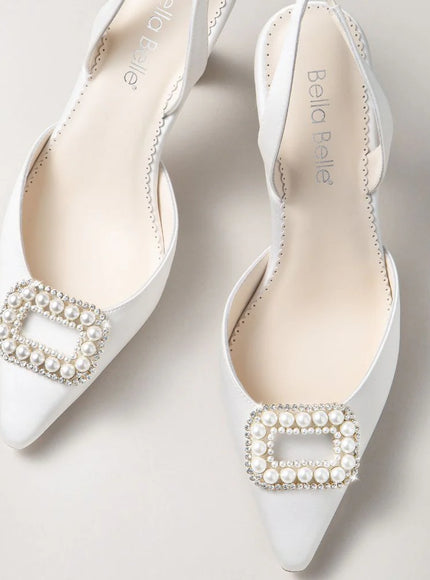 Bella Belle Andie Pearl Buckle Slingback Heels – Ivory Silk