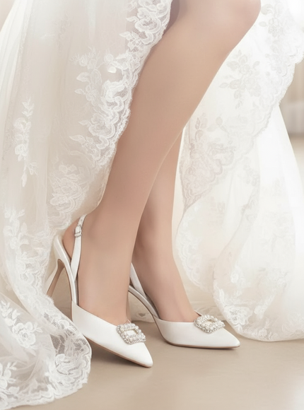 Bella Belle Andie Pearl Buckle Slingback Heels – Ivory Silk