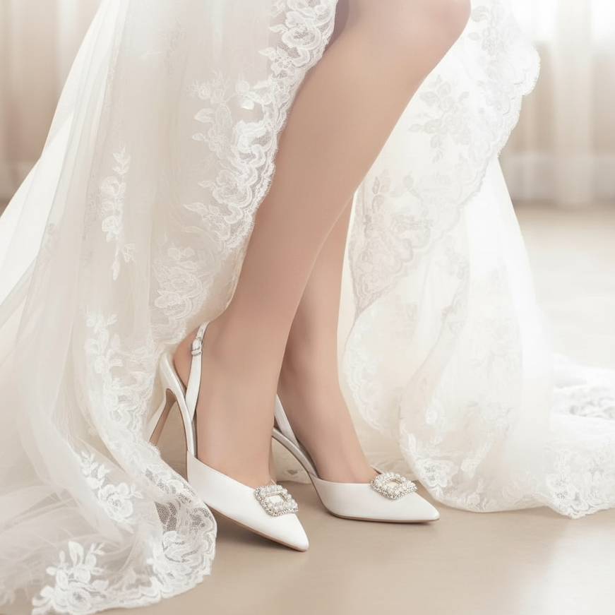 Bella Belle Andie Pearl Buckle Slingback Heels – Ivory Silk