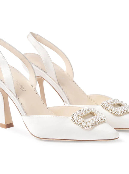 Bella Belle Andie Pearl Buckle Slingback Heels – Ivory Silk