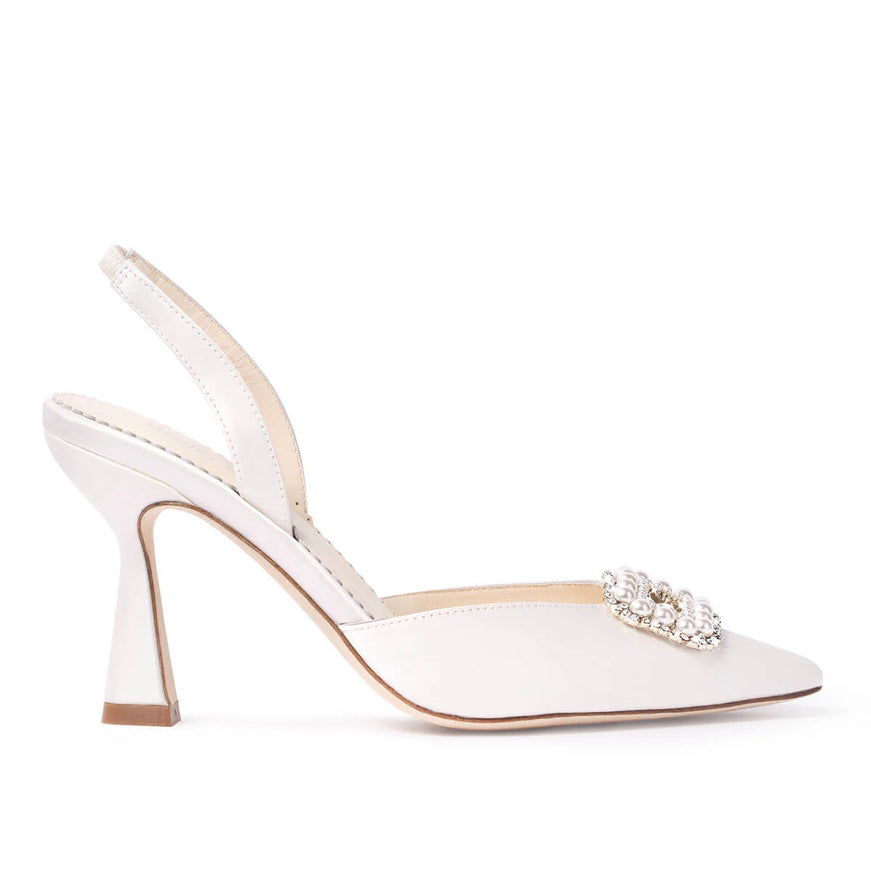 Bella Belle Andie Pearl Buckle Slingback Heels – Ivory Silk