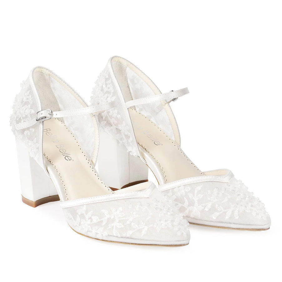 Bella Belle Carla Floral Beaded Lace D’Orsay Block Heels