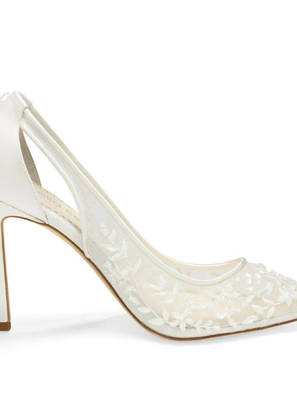 Bella Belle Edna Ivory Lace Heels with Removable Bows and Ankle Straps