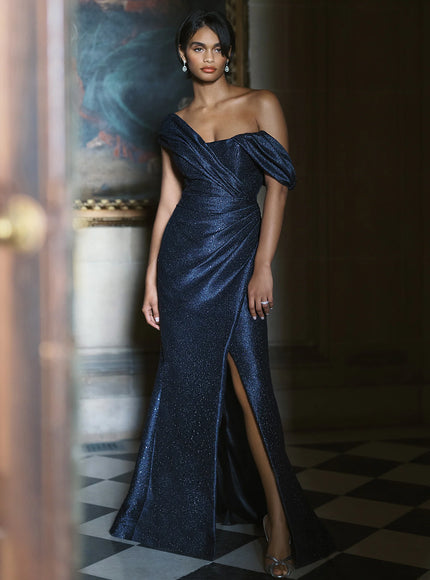 Anne Barge Dunton Sequined Tweed Asymmetric Evening Gown