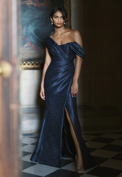 Anne Barge Dunton Sequined Tweed Asymmetric Evening Gown