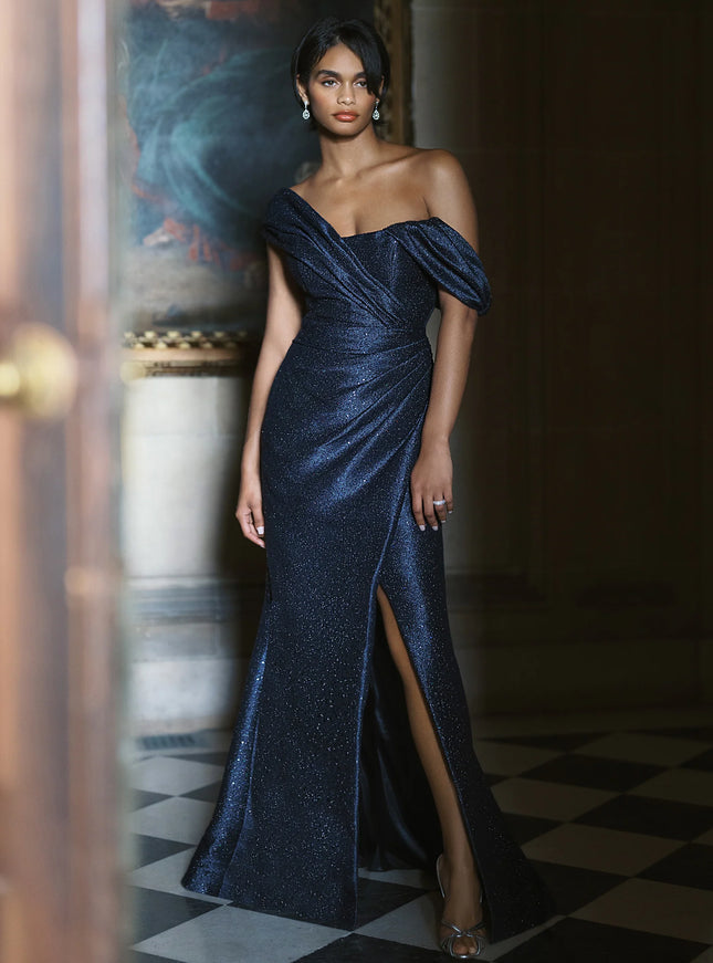 Anne Barge Dunton Sequined Tweed Asymmetric Evening Gown