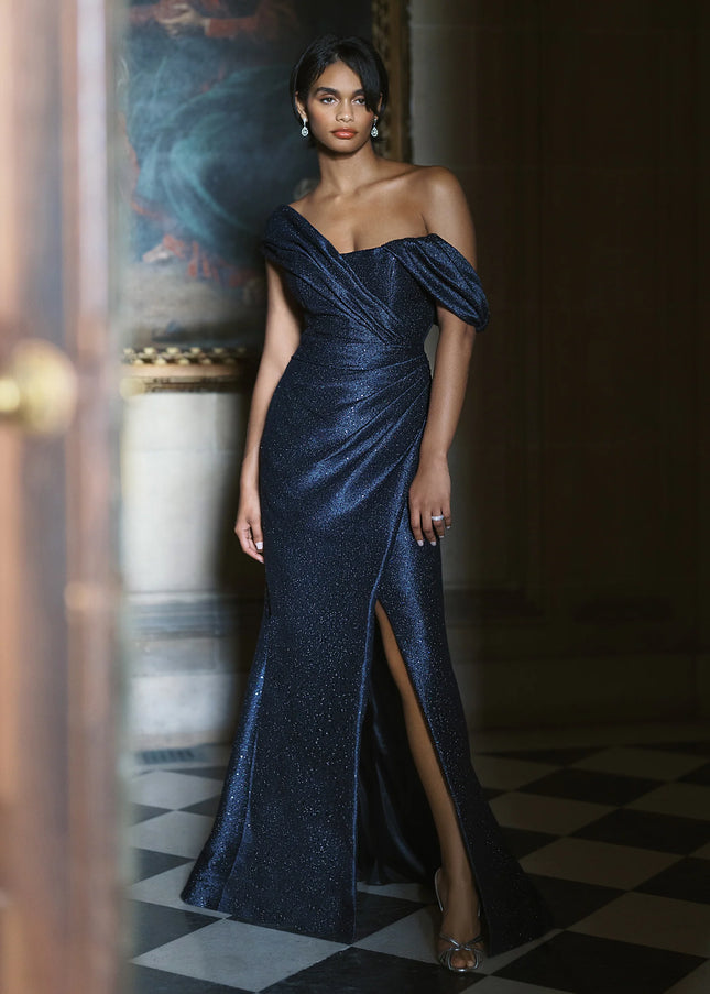 Anne Barge Dunton Sequined Tweed Asymmetric Evening Gown