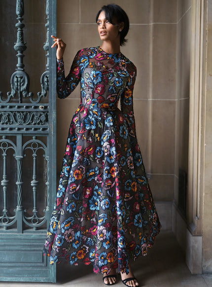 Anne Barge Lorimer Floral Embroidery Long Sleeve Midi Gown