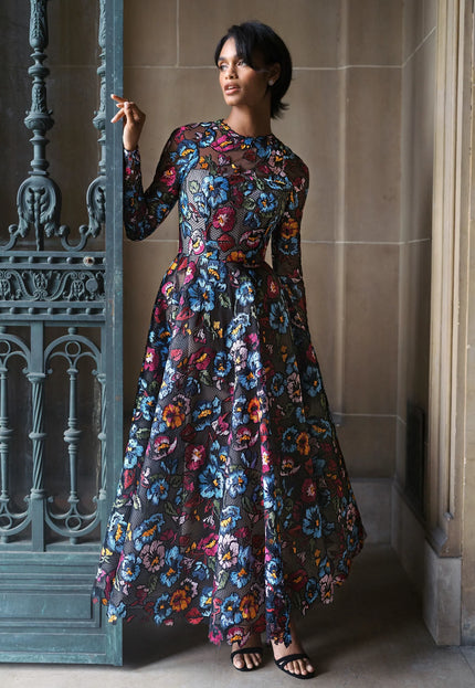 Anne Barge Lorimer Floral Embroidery Long Sleeve Midi Gown