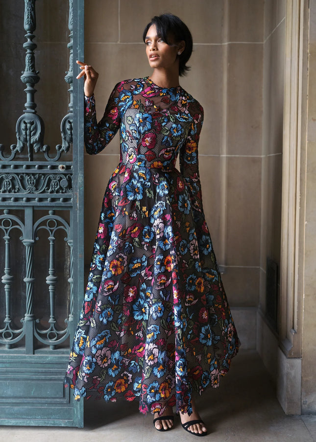 Anne Barge Lorimer Floral Embroidery Long Sleeve Midi Gown