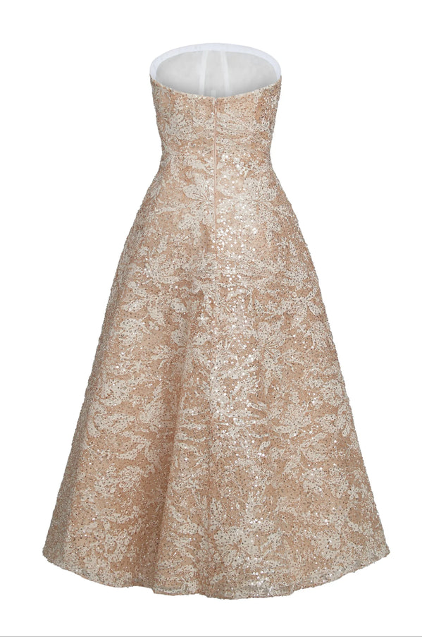 Anne Barge Ardrossen Beaded Strapless Tea-Length Gown