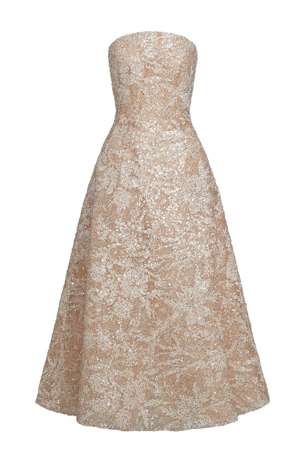 Anne Barge Ardrossen Beaded Strapless Tea-Length Gown