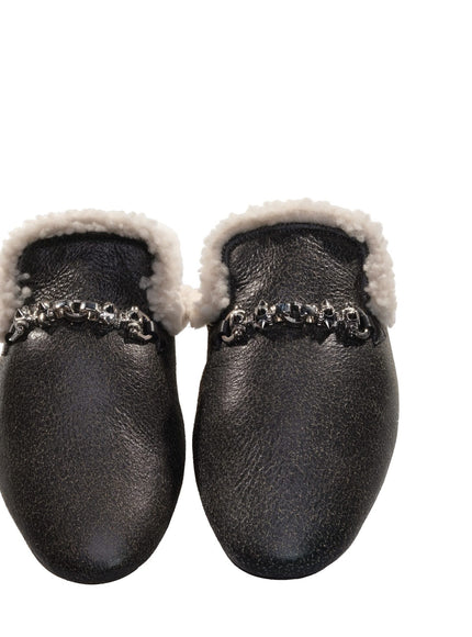 a pair of black slippers with white fur