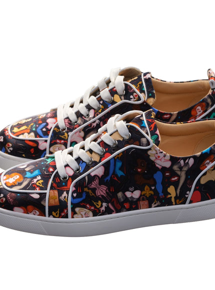 a pair of sneakers with a colorful pattern