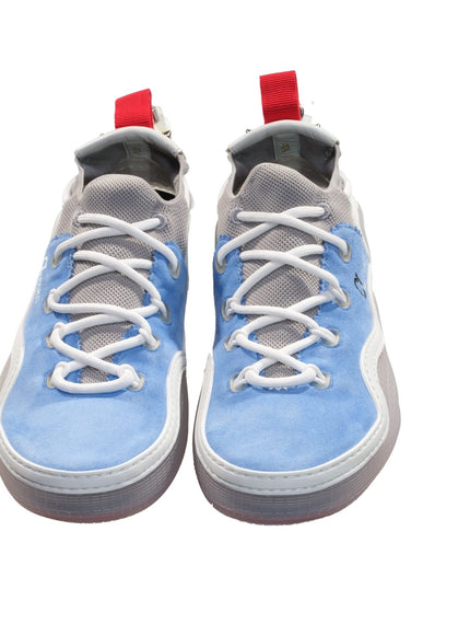 a pair of blue sneakers with white laces