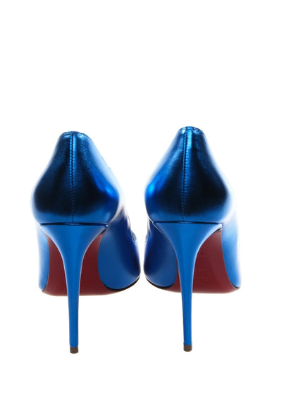 a pair of blue and red high heels