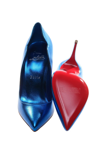 a pair of blue and red high heels