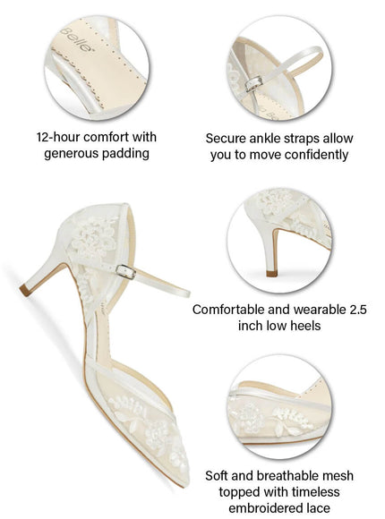 Bella Belle Candice Ivory Lace Ankle Strap Kitten Heels